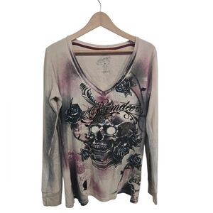 Remetee Women's Long Sleeve Skull Roses Tee - Black and Pink